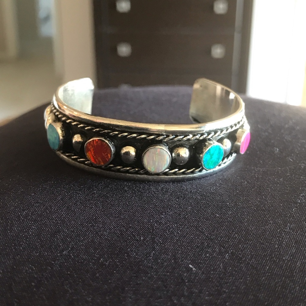 Multi-Stone Sterling Silver Taxco Cuff Bracelet - Colorful Inlay Women’s Jewelry